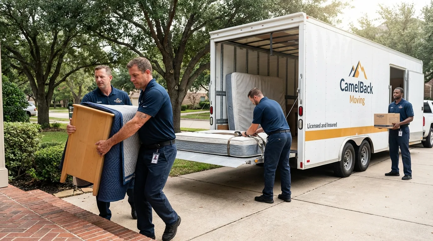 Crew loading residential truck for cross-state move from Ely, IA
