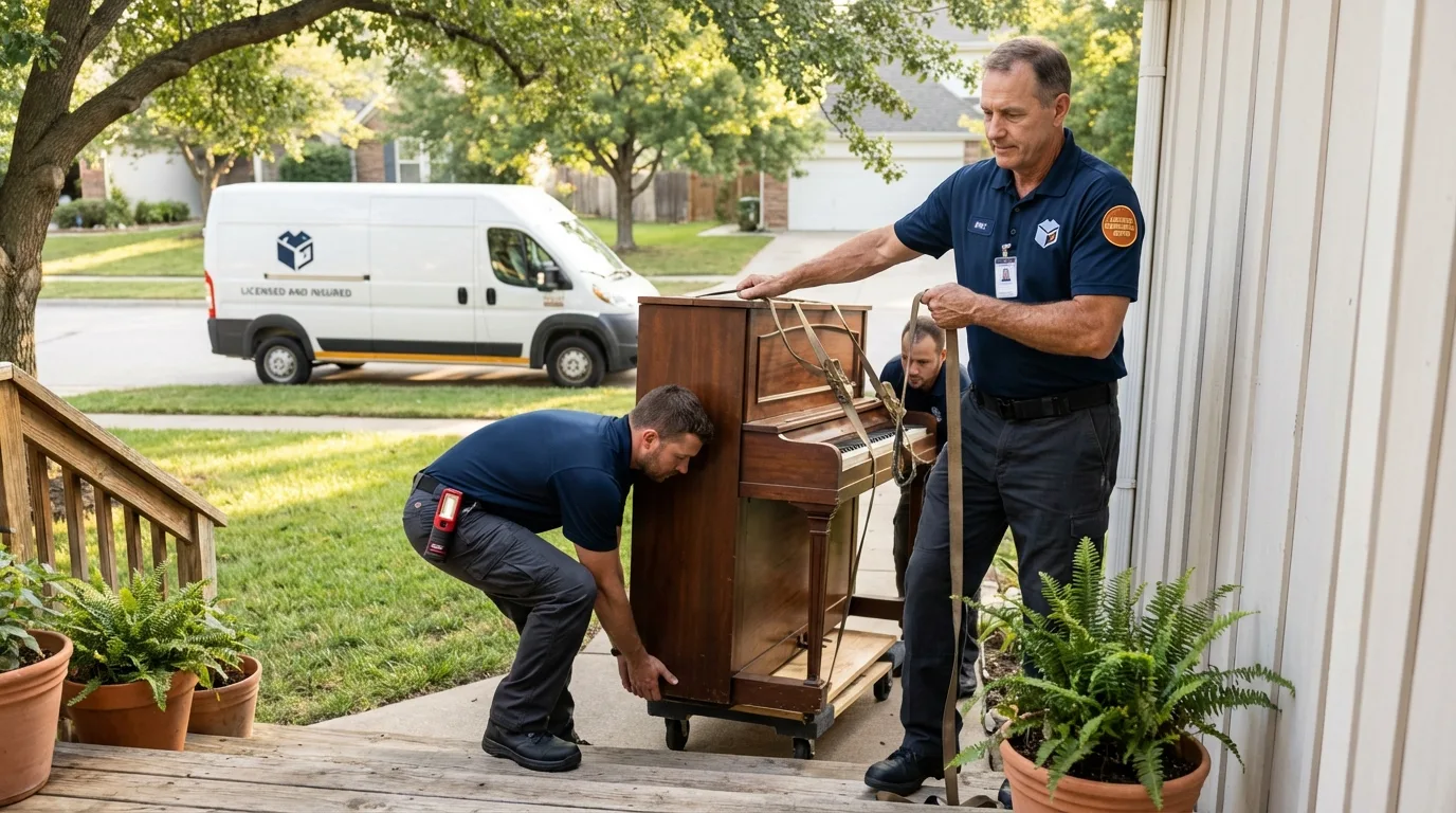 Licensed piano movers securing grand piano in Ely, IA