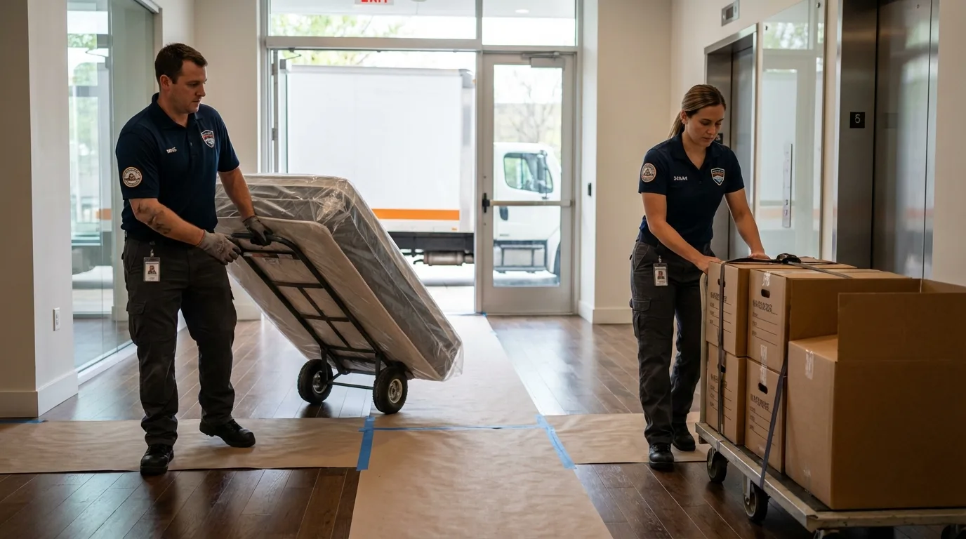 Professional apartment movers loading elevator in Ely, IA